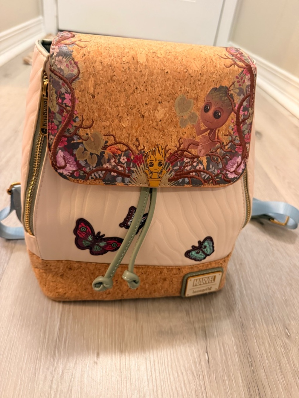 Loungefly Pink & Cork Mini Backpack with Green Butterfly Patch